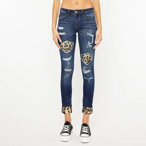 Kancan Mid Rise Ankle Skinny Leopard Patch Distressed Blue Jeans Size 9/28
